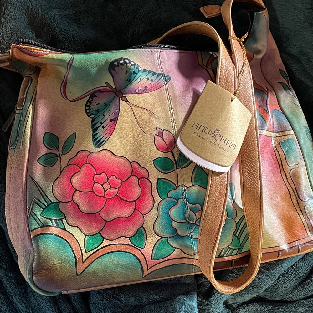 Anuschka,Hand-Painted Floral/Butterfly Crossbody, Never Used, 12-L X 10 1/2-H,
